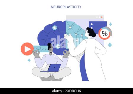 Concept de neuroplasticité. Un scientifique interagit avec un modèle numérique du cerveau tandis qu'une personne médite avec un ordinateur portable. Adaptabilité cérébrale et apprentissage. Illustration vectorielle. Illustration de Vecteur