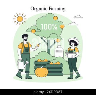 Concept agricole respectueux de l'environnement. Les agriculteurs mettent en valeur l’agriculture biologique, axée sur les produits durables et naturels. Illustration vectorielle. Illustration de Vecteur