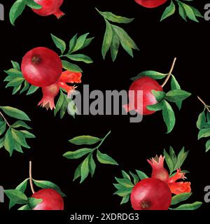 Modèle sans couture avec grenades, fleurs et feuilles. Illustration d'aquarelle faite à la main sur fond noir. Pour le papier d'emballage, textile, papier peint, Banque D'Images