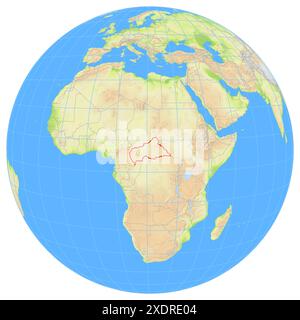 Vue de la Terre depuis l'espace montrant l'emplacement du pays République centrafricaine en Afrique. Le pays est mis en évidence par un polygone rouge. SM Banque D'Images