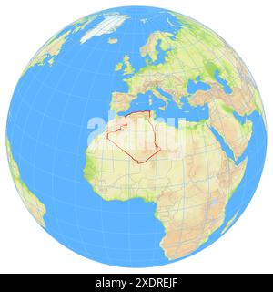 Vue de la Terre depuis l'espace montrant l'emplacement du pays Algérie en Afrique. Le pays est mis en évidence par un polygone rouge. Les petits pays le sont Banque D'Images