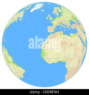 Vue de la Terre depuis l'espace montrant l'emplacement du pays Sahara Occidental en Afrique. Le pays est mis en évidence par un polygone rouge. Petit compteur Banque D'Images