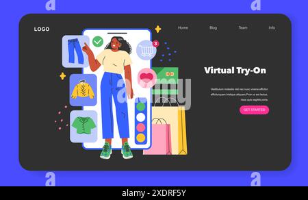 Concept d'essai virtuel. Interface interactive de technologie de mode avec une femme sélectionnant des vêtements sur un écran numérique. Expérience d'achat en ligne transparente. Illustration vectorielle. Illustration de Vecteur