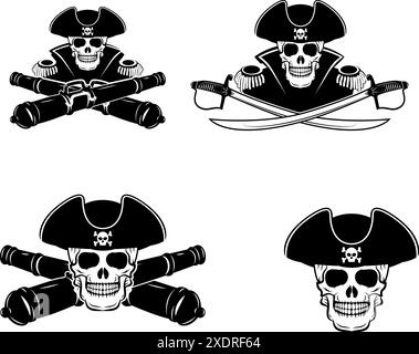 étiquette admiral et modèle de conception de logo. Crâne de pirate avec deux épées croisées. Illustration vectorielle. Illustration de Vecteur