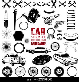 Car Service Retro logo Generator est un ensemble d'icônes, badges, rubans et autres éléments de conception utiles pour les emblèmes de service de voiture rétro et les logos Vector illu Illustration de Vecteur