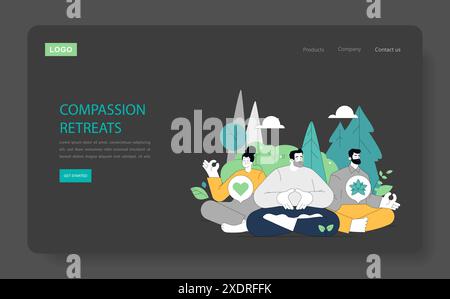 Concept de thérapie centrée sur la compassion. Individus pratiquant la pleine conscience et la guérison émotionnelle pendant une retraite dans la nature. Sérénité dans la méditation de groupe. Illustration vectorielle. Illustration de Vecteur