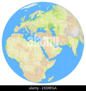 Vue de la Terre depuis l'espace montrant l'emplacement du pays Jordanie en Asie. Le pays est mis en évidence par un polygone rouge. Les petits pays sont al Banque D'Images