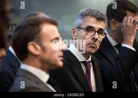 Saint Denis, France. 24 juin 2024. Marc Guillaume à la nouvelle station de métro Saint-Denis Pleyel avant son inauguration et l'extension de la ligne 14 du métro parisien, qui va du nord au sud de la capitale, avec de nouvelles stations ouvertes à temps pour les Jeux olympiques d'été de 2024, à Saint-Denis, près de Paris, le 24 juin, 2024. photo de Eliot Blondet/ABACAPRESS. COM Credit : Abaca Press/Alamy Live News Banque D'Images