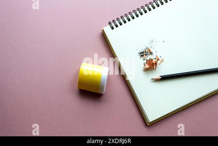 Fournitures scolaires lumineuses sur fond Uni. crayon, taille-crayon , carnets, carnet de croquis. Concept de retour à l'école, concept d'artiste Banque D'Images