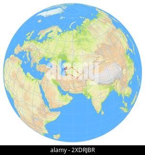Vue de la Terre depuis l'espace montrant l'emplacement du pays Turkménistan en Asie. Le pays est mis en évidence par un polygone rouge. Petits pays Banque D'Images