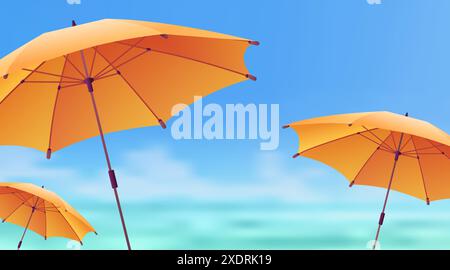 Scène de plage avec des parasols orange contre le ciel bleu et fond d'océan flou Illustration de Vecteur