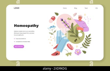 Concept d'homéopathie. Une figure amicale explore les plantes symbolisant des méthodes alternatives de guérison. Interface de site Web éducatif. Illustration vectorielle. Illustration de Vecteur