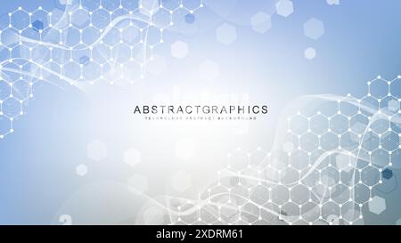 Contexte scientifique moderne avec des hexagons, des lignes et des points. Arrière-plan abstrait du flux d'onde. Structure moléculaire pour la médecine, la technologie, la chimie Illustration de Vecteur