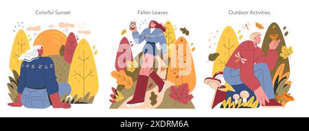 Ensemble d'activités d'automne. Les gens apprécient l'automne avec un feuillage coloré, des vues sur le coucher du soleil, et le jet de feuilles ludique. Un reflet des loisirs saisonniers en plein air. Illustration vectorielle. Illustration de Vecteur