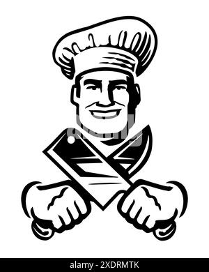 Heureux chef avec des couteaux de cuisine. Emblème ou logo pour boucherie ou restaurant grill. Illustration vectorielle de cuisinier masculin Illustration de Vecteur