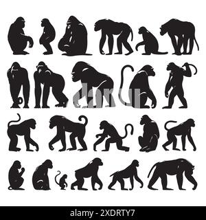 Ensemble silhouette d'animaux de singes. Illustration isolée vectorielle Illustration de Vecteur