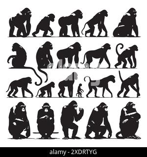 Ensemble silhouette d'animaux de singes. Illustration isolée vectorielle Illustration de Vecteur