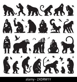 Ensemble silhouette d'animaux de singes. Illustration isolée vectorielle Illustration de Vecteur