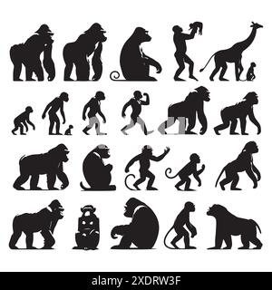 Ensemble silhouette d'animaux de singes. Illustration isolée vectorielle Illustration de Vecteur