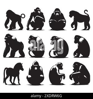 Ensemble silhouette d'animaux de singes. Illustration isolée vectorielle Illustration de Vecteur