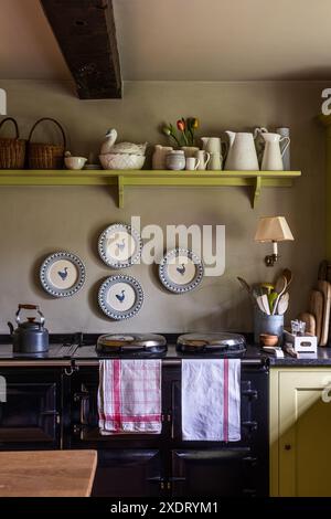 Plaques décoratives au-dessus d'aga avec étagère peinte 'churlish green' dans le charmant presbytère Somerset datant du 17ème siècle, sud-ouest de l'Angleterre, Royaume-Uni. Banque D'Images