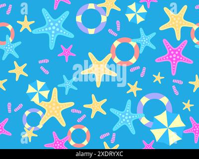 Motif sans couture de plage d'été avec étoiles de mer, parasols de plage et anneaux gonflables pour la natation. Heure d'été. Vue de dessus de plage pour papiers peints, emballages, Illustration de Vecteur