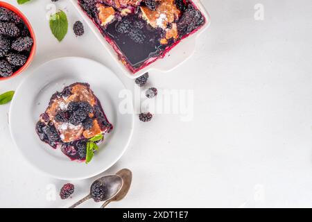 Tarte de cordonnier de mûrier maison sucrée, gâteau de cordonnier de baies d'été doux dans un plat de cuisson en émail et une assiette, sur un espace de copie de table de cuisine blanc Banque D'Images