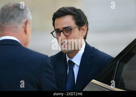 Paris, France. 24 juin 2024. Stéphane Séjourne - Emmanuel Macron, Président de la République française rencontre le roi Abdallah II de Jordanie et la reine Rania au Palais de l'Elysée à Paris, France, le 24 juin 2024. (Photo de Lionel Urman/Sipa USA) crédit : Sipa USA/Alamy Live News Banque D'Images