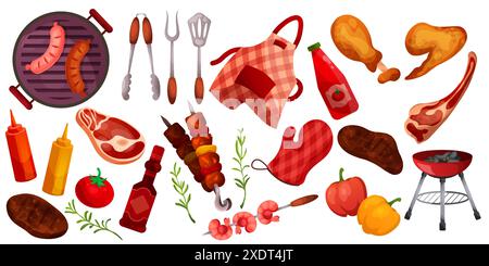 Ensemble d'aliments pour barbecue. Grill party, barbecue estival ou bannière de steak rôti, repas chaud américain. Cuisine extérieure, sauces ketchup et légumes. Illustration de pique-nique de vecteur isolé sur fond blanc Illustration de Vecteur