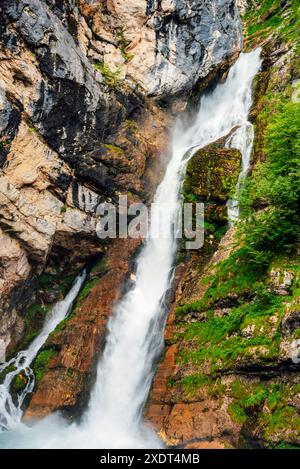 Cascade Savica sur le lac Bohinj en Slovénie, Alpes juliennes. Banque D'Images