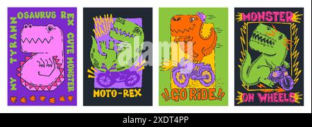 Dino sur moto. Animal de sport garçon. Imprimé couleur dinosaure pour T-shirt. Rider comique drôle sur le cycle. Moto de conduite T-rex. Monstre jurassique sur roues. Course de vélo. Ensemble d'affiches abstraites de conception vectorielle Illustration de Vecteur