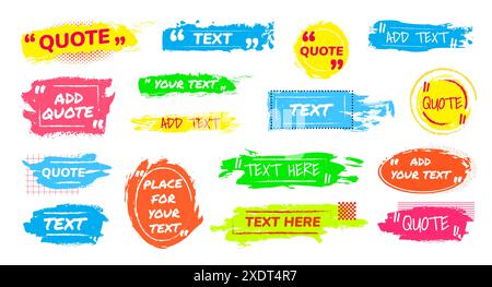 Cadres de brosse. Case Devis. Bulle de texte. Bordure de boîte de dialogue vocale pour commentaire ou citation. Autocollant de note de mémo de discussion. Coups de pinceau grunge. Éclaboussure abstraite. Point de peinture. Étiquettes vierges de couleur vectorielle définies Illustration de Vecteur