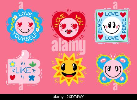 Patch mignon. Autocollants de sourire d'amour. Émoticônes de l'an 2000. Pack groovy Girl. Badges vintage joyeux et girly cool. Pop drôle Doodle étiquettes emoji. les années 90 ressemblent à la main. Expression positive. Jeu d'icônes de conception vectorielle Illustration de Vecteur