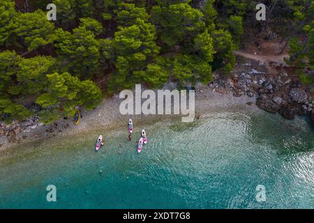 Vue aérienne de drone. Magnifique littoral. Le rivage est couvert de pins. Les touristes montent sur des planches de natation, SUP. vue de dessus. Croatie. Makarska Rivi Banque D'Images