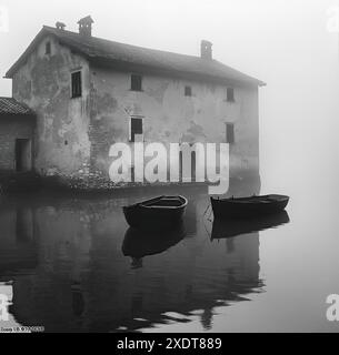 Une photo en niveaux de gris d'une maison abandonnée au bord de la mer avec deux bateaux en bois laissés devant elle par un jour brumeux Banque D'Images