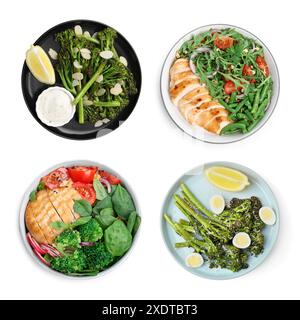 Ensemble de différents repas sains sur fond blanc, vue de dessus Banque D'Images