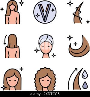 Icônes de redresseur de cheveux ensemble pour le traitement de soins capillaires et la beauté ou le salon de femme, vecteur de couleur. Appareil de lissage des cheveux pour le lissage des cheveux des femmes Illustration de Vecteur