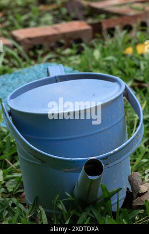 Vieil arrosoir bleu sur l'herbe. Photo nature Banque D'Images