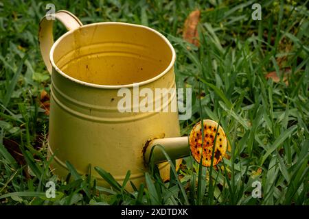 Arrosoir jaune sur l'herbe. Gros plan, au-dessus du plan. Banque D'Images