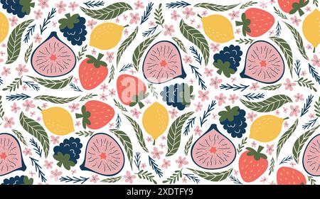 Motif fantaisiste sans couture avec des illustrations de mûres, citrons, figues coupées en deux, fraises rouges, fleurs roses, et des feuilles vertes, disposées dedans Illustration de Vecteur