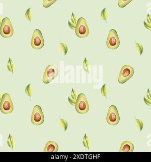 Aquarelle Seamless motif de moitiés et de feuilles d'avocat mûr sur un fond vert clair. Peut être utilisé pour les impressions textiles de cuisine, l'emballage de produits Banque D'Images
