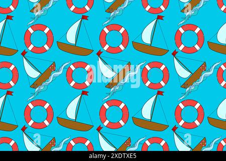 Motif nautique sans couture avec voiliers, bouées de sauvetage et ancres sur fond bleu. Parfait pour les designs, textiles et papiers peints sur le thème de l'été Illustration de Vecteur