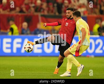 Armando Broja de l'Albanie lors de l'EURO 2024, match de football du groupe B entre l'Albanie et l'Espagne le 24 juin 2024 à l'Arena Dusseldorf, Dusseldorf, Allemagne. Photo Nderim Kaceli Banque D'Images