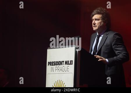 Prague, République tchèque. 24 juin 2024. Le président argentin Javier Milei s'exprime sur le thème "que diriez-vous d'un gouvernement inefficace" lors d'une conférence de presse à Prague. Le président argentin Javier Milei est en visite officielle en République tchèque. (Photo de Tomas Tkacik/SOPA images/SIPA USA) crédit : SIPA USA/Alamy Live News Banque D'Images