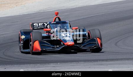 23 juin 2024 Monterey, CA, États-Unis A. J. Foyt Enterprises pilote Santino Ferrucci (14) des États-Unis sortant du tour 11pendant le Grand Prix Firestone de Monterey IndyCar Warm Up à WeatherTech Raceway Laguna Seca Monterey, CA Thurman James/CSM Banque D'Images