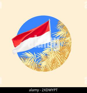 Drapeau indonésien ondulant sur fond de ciel bleu avec une silhouette de palmier jaune dans un design de collage minimaliste moderne, parfait pour le tourisme et le voyage i. Banque D'Images