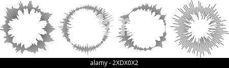 Ensemble de diagrammes radiaux de rayons d'ondes sonores. Faisceau de rayons solaires circulaires. Collection circulaire d'icônes audio, musicales ou vocales. Pack de symboles de spectre d'égaliseur rond. Éléments centraux d'onde sonore ondulée noir vectoriel Illustration de Vecteur