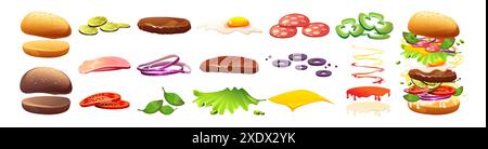 Kit d'ingrédients hamburger pour constructeur de restauration rapide. Ensemble d'illustration vectorielle de dessin animé d'éléments de sandwich - pain et côtelette de viande, légumes tranchés et sauces, fromage et œuf. Composant de fabrication de hamburgers. Illustration de Vecteur