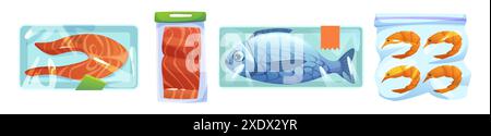 Emballage en plastique pour poissons congelés. Produit de fruits de mer glacé pour le marché de l'épicerie. Emballage de crevettes isolé pour congélateur de supermarché. Crevettes dans la collection d'emballage sous vide. Kit d'actifs gastronomiques marins frais Illustration de Vecteur