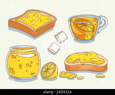 Ensemble de confiture de citron isolé sur fond blanc. Illustration vectorielle de dessin animé de miel étalé sur des tranches de pain, thé d'agrumes chaud dans une tasse en verre, marmelade d'orange douce dans un pot, morceaux de sucre, menu du petit déjeuner Illustration de Vecteur